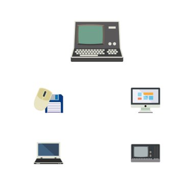 Düz simge bilgisayar kümesi teknoloji, ekran, Vintage donanım ve diğer vektör nesneleri. Ayrıca ekran, yumuşak ve sarkık, defter öğeleri içerir.