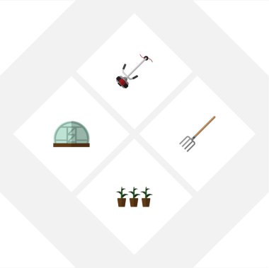 Düz simgesi çiftlik kümesi çim-kesici, saksı, sera ve diğer vektör nesneleri. Ayrıca biçme makinesi, aracı, çiftlik unsurları içerir.