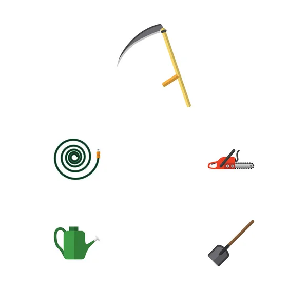 Icono plano jardín conjunto de manguera, sierra de hacha, pala y otros objetos vectoriales. También incluye pala, cortador, elementos de jardín . — Archivo Imágenes Vectoriales