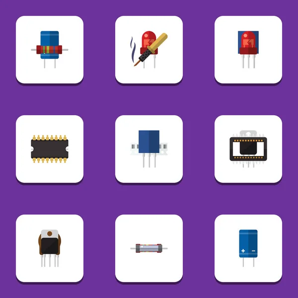 Icono plano conjunto de tecnología de reparación, receptáculo, mainframe y otros objetos vectoriales. También incluye soldadura, resistencia, elementos electrónicos . — Archivo Imágenes Vectoriales