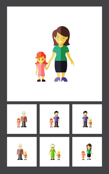 平面图标人设置的孙子、 母亲、 奶奶矢量对象。此外包括奶奶，女儿，爷爷元素. — 图库矢量图片