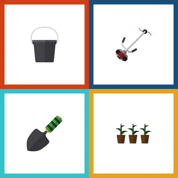 Platte pictogram datsja Set van gras-Cutter, Troffel, bloempot en andere vectorobjecten. Ook bevat gazon, Plant, Troffel elementen. — Stockvector