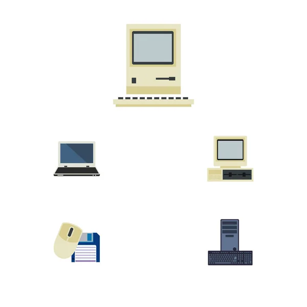 Icono plano portátil conjunto de ordenador, procesador, ratón de la computadora y otros objetos vectoriales. También incluye ordenador portátil, disquete, elementos de PC . — Vector de stock