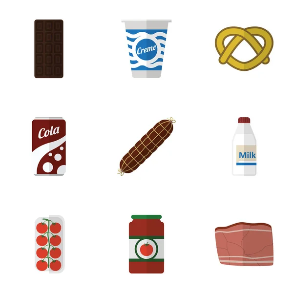 Platte pictogram maaltijd confectie, Cookie, fles Of andere vectorobjecten instellen Ook Bar, gerookt, rundvlees elementen. — Stockvector