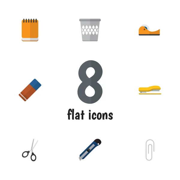 Ensemble d'outils à icône plate de papier pour ordinateur portable, page de fixation, couteau et autres objets vectoriels. Comprend également lame, mémo, éléments de coupe . — Image vectorielle
