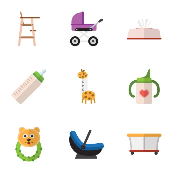 Platte Icon Baby Set van Rattle, wandelwagen, kinderstoel en andere vectorobjecten. Ook omvat kruk, Zitzak, weefsel elementen. — Stockvector