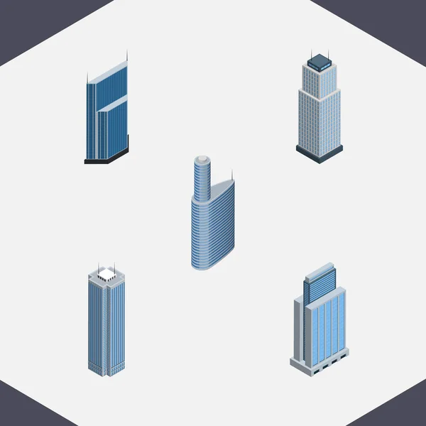 Izometrický budově mrakodrapu, Tower, obytných a jiných vektorových objektů. Zahrnuje také byt, panoráma města, obchodní prvky. — Stockový vektor