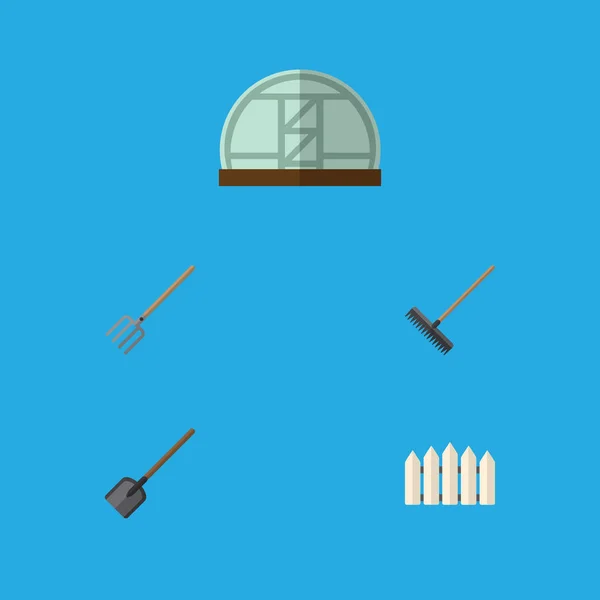 Icono plano Granja conjunto de barrera de madera, tenedor de heno, grada y otros objetos vectoriales. También incluye horquilla, herramienta, elementos de horquilla . — Archivo Imágenes Vectoriales
