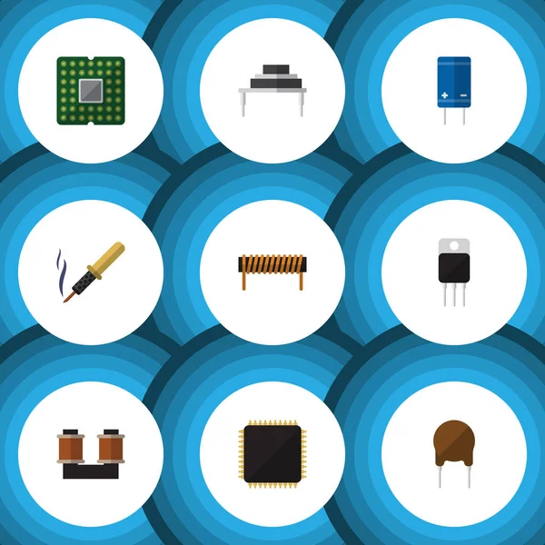 Set de aparatos de iconos planos de receptor, bobina, cobre de bobina y otros objetos vectoriales. También incluye soldadura, placa base, elementos del sistema . — Vector de stock