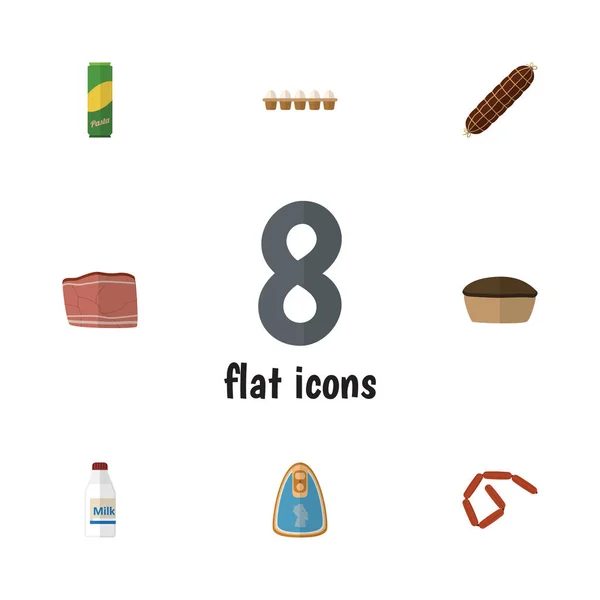 Flaches Icon-Menü mit Torte, Bratwurst, Rindfleisch und anderen Vektorobjekten. umfasst auch Hühnchen, Lebensmittel, Frühstückselemente. — Stockvektor