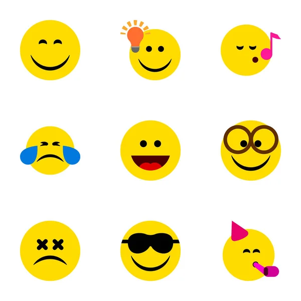 Düz simgesi Emoji soğuk ter, parti zamanı ifade belirledik iyi bir görüş ve diğer vektör nesneleri. Ayrıca Emoji, gülmek, eğlence unsurları içerir.