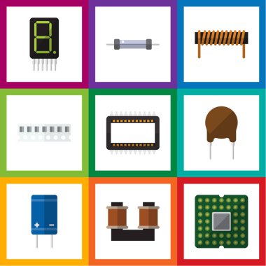 Düz simge teknoloji kümesi bobin bakır, anabilgisayar, triyot ve diğer vektör nesneleri. Ayrıca bakır, anabilgisayar, biriktirme öğeleri içerir.