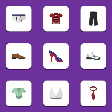 Düz simgesi elbise Brasserie, spor ayakkabı, pantolon ve diğer vektör nesneleri ayarlayın. Ayrıca tozluk, Footware, iç çamaşırı öğeleri içerir.