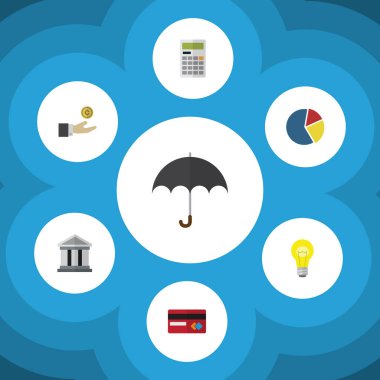 Düz simgesi gelen şemsiye, grafik, ödeme ve diğer vektör nesnelerini ayarlayın. Ayrıca bina, kredi, finans öğeleri içerir.