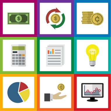 Düz simgesi kazanç kümesi değişimi, nakit, grafik ve diğer vektör nesneleri. Ayrıca grafik, takas, dolar öğeleri içerir.