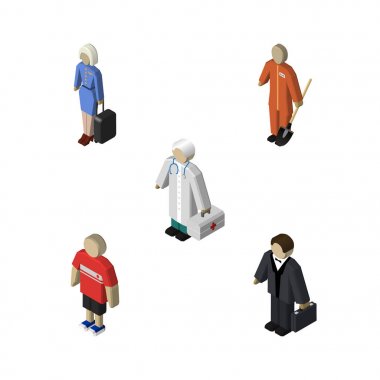 İzometrik kişi yatırımcı, Medic, süpürge ve diğer vektör nesneleri kümesi. Ayrıca işçi, hostes, insan unsurları içerir.