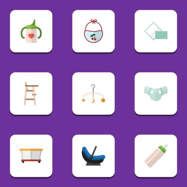 Düz simge çocuk Hemşirelik şişe ve diğer vektör nesnelerini arabası, besleyici, ayarlayın. Önlük, hemşirelik, havlu öğeleri de içerir.