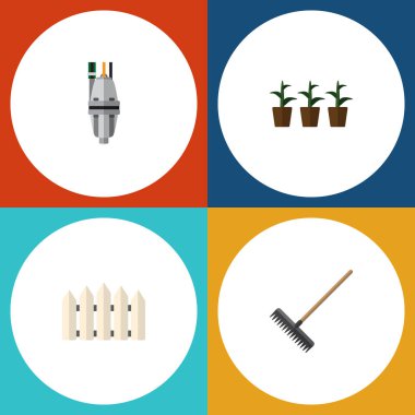 Düz simgesi kulübemde saksı, Harrow, ahşap bariyer ve diğer vektör nesneleri kümesi. Pompa, Harrow, bariyer öğeleri de içerir.