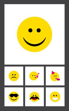 Sırıtış ve diğer vektör nesnelerini düz simgesi ifade kümesi mutlu, üzgün. Ayrıca şarkı, yüz, gülmek unsurları içerir.