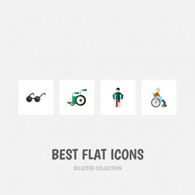 Düz simgesini devre dışı ayarlar yaralı, ekipman, özürlü adam vektör nesneleri. Ayrıca ekipman, güneş gözlüğü, yaralı öğeleri içerir.