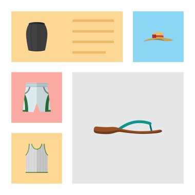 Düz simgesi giysi Beach Sandal, şık giyim, Singlet vektör nesneleri kümesi. Ayrıca Flop, kumaş, giyim öğeleri içerir.