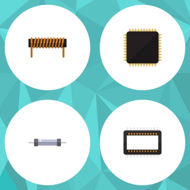 Düz simge elektronik Cpu, anabilgisayar, bobin ve diğer vektör nesneleri kümesi. Ayrıca elektronik, mikroişlemci, bobin unsurları içerir.