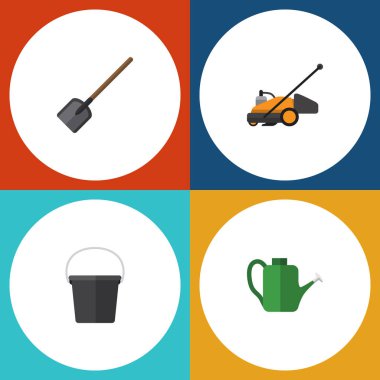 Düz kutsal kişilerin resmi Bahçe kova, çim biçme makinesi, Bauer ve diğer vektör nesneleri kümesi. Ayrıca çim, çim biçme makinesini, kova öğeleri içerir.