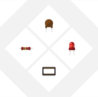 Düz simge cihaz seti direnci, anabilgisayar, triyot ve diğer vektör nesneleri. Aynı zamanda direnç, elektronik, transistör öğeleri içerir.