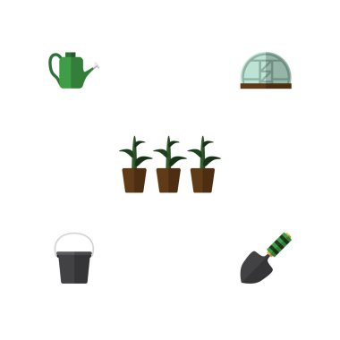 Düz kutsal kişilerin resmi Bahçe kova, mala, sera ve diğer vektör nesneleri kümesi. Ayrıca botanik, Spatula, kova öğeleri içerir.