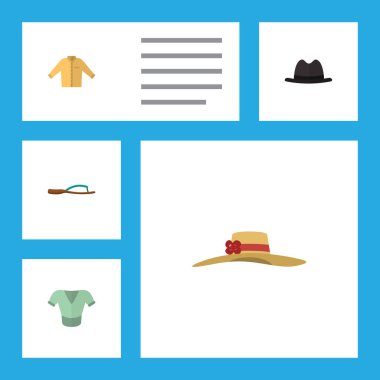 Düz simge kıyafetleri kümesi Panama, plaj sandalet, Banyan vektör nesneleri. Başlıklar, erkek, giyim öğeleri de içerir.