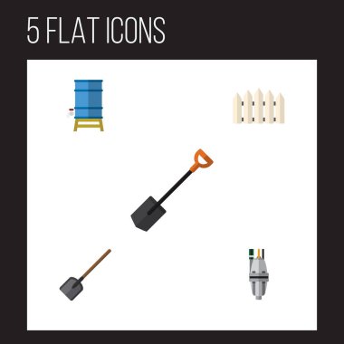 Düz kutsal kişilerin resmi Bahçe pompası, konteyner, kürek ve diğer vektör nesneleri kümesi. Ayrıca çit, bariyer, Spade unsurları içerir.