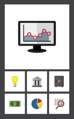 Düz simgesi Finans kümesi kasa, dolar, tarama ve diğer vektör nesneleri. Ayrıca grafik, Büyüteç, ampul öğeleri içerir.