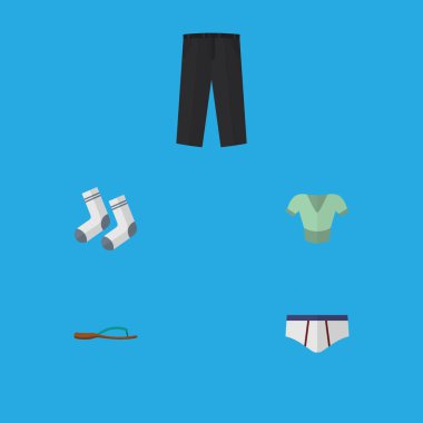 Düz simge kıyafetleri kümesi pantolon, plaj sandalet, rahat vektör nesneleri. Ayrıca ayak, giyim, dokuma detayları içerir.