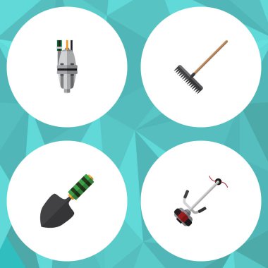 Düz simgesi çiftlik kümesi mala, pompa, çim-kesici ve diğer vektör nesneleri. Ayrıca ekipman, Spatula, kesici öğeleri içerir.