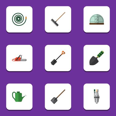 Bauer, kürek, kürek ve diğer vektör nesnelerini düz simge kulübemde seti. Ayrıca Hosepipe, testere, çiftlik unsurları içerir.