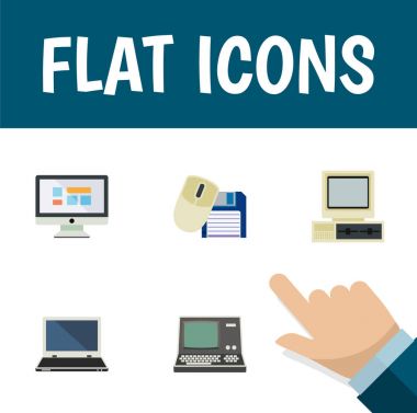 Düz simge bilgisayar kümesi ekran, bilgisayar, teknoloji ve diğer vektör nesneleri. Ayrıca görüntüleme, Laptop, ekran öğeleri içerir.