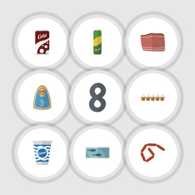 Gazlı içecek, konserve tavuk, makarna ve diğer vektör nesneleri kümesi yemek düz simgesi. Ayrıca içki, makarna, makarna öğeleri içerir.
