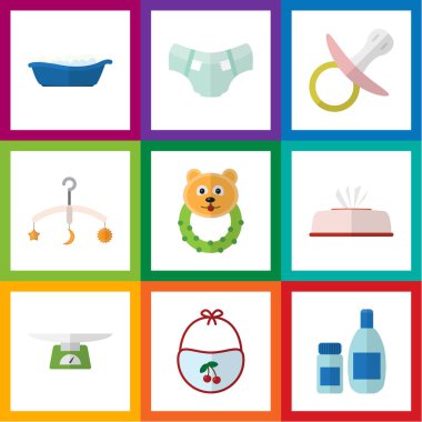 Küvet, Rattle, alt ölçekler ve diğer vektör nesnelerini düz simge çocuk seti. Ayrıca kozmetik, Rattle, küvet unsurları içerir.