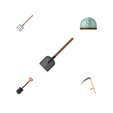 Düz kutsal kişilerin resmi Bahçe Spade, kesici, sera ve diğer vektör nesnelerini ayarlayın. Tırpan, sera, çiftlik öğeleri de içerir.