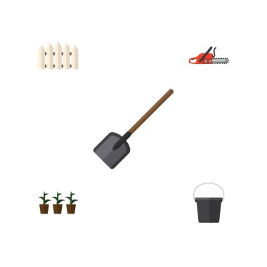 Düz kutsal kişilerin resmi Bahçe demir testeresi, kova, ahşap bariyer ve diğer vektör nesneleri kümesi. Ayrıca ahşap, içerir saksı, kapsayıcı öğeler.