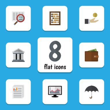 Düz simgesi gelen grafik, cüzdanınızdan, sayaç ve diğer vektör nesneleri kümesi. Ayrıca monitör, para, abaküs öğeleri içerir.