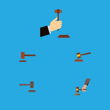 Düz simgesi çekiç kümesi hukuk, çekiç, savunma ve diğer vektör nesneleri. Ayrıca mahkeme, suç, hukuk öğeleri içerir.