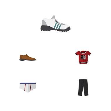 Erkek Footware, çamaşır grupları, pantolon ve diğer vektör nesnelerini düz simge kıyafet seti. Ayrıca spor ayakkabı, külot, çamaşır grupları öğelerini içerir.