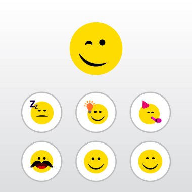 Gülümseme, uykuda, düz simgesi ifade dizi var iyi bir görüş ve diğer vektör nesneleri. Ayrıca bıyık, ışık, öğeleri uyku içerir.