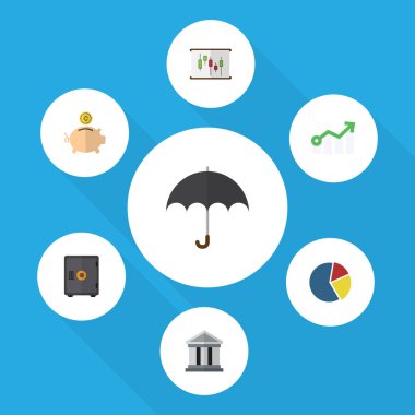 Düz simgesi Finans şemsiye, diyagram, banka ve diğer vektör nesneleri ayarlayın. Aynı zamanda güvenli, ok, para unsurları içerir.