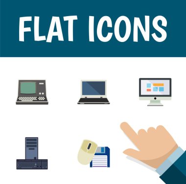 Bir dizüstü bilgisayar, teknoloji, görüntüleme ve diğer vektör nesnelerini düz simge bilgisayar seti. Vintage, fare, monitör öğeleri de içerir.