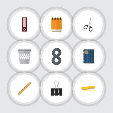 Düz simgesi ekipman defterini, dosyası, kesme makineleri ve diğer vektör nesneleri kümesi. Ayrıca yeşilaycı, not defteri, kağıt unsurları içerir.