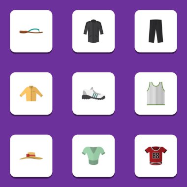 Üniforma, Singlet, rahat ve diğer vektör nesnelerini düz simge giysi seti. Ayrıca spor ayakkabı, erkek, bluz unsurları içerir.
