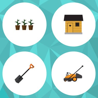 Düz kutsal kişilerin resmi Bahçe ahır, çim biçme makinesi, saksı ve diğer vektör nesneleri kümesi. Ayrıca ahır, kesici, kürek unsurları içerir.