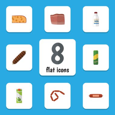 Düz simgesi kaşar dilimi, Kielbasa, spagetti ve diğer vektör nesneleri kümesi yeme. Ayrıca domuz sucuğu, et, sosis öğeleri içerir.